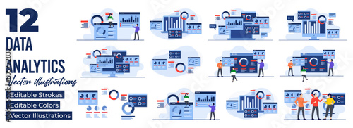  Set of flat illustrations of data charts, graphs, and dashboard, SEO marketing advertising analytics, Marketing analytics, Market research, Business Analysis, Financial reports and research 