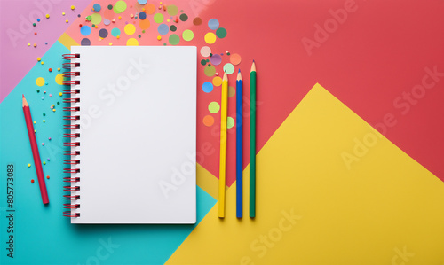 Blank notebook with color pencil on colorful paper background