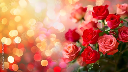 Bouquet of multicolored red roses on blurred festive background