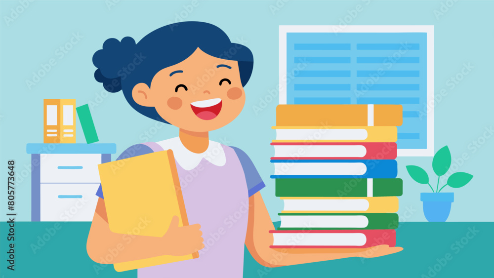At a thrift store a teacher happily stumbled upon a stack of brand new notebooks ecstatic to add them to their students school supplies at a fraction. Vector illustration At a thrift store a teacher happily stumbled upon a stack of brand new notebooks ecstatic to add them to their students school supplies at a fraction. Vector illustration