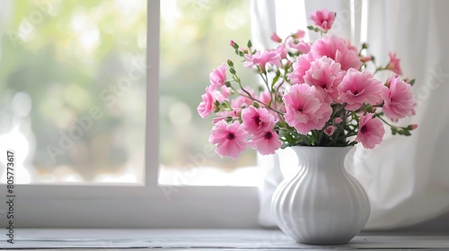 pink spring flowers in white ceramic vase in modern home interior © Bonnie