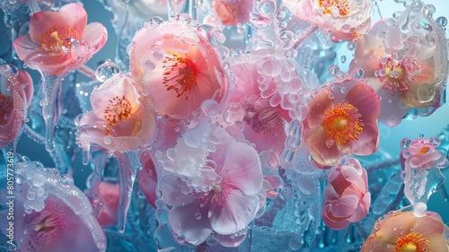 Dive into the surreal beauty of abstract art featuring frozen flowers immersed in ice, water, and milk, their delicate forms suspended in time and captured in stunning detail by an HD camera