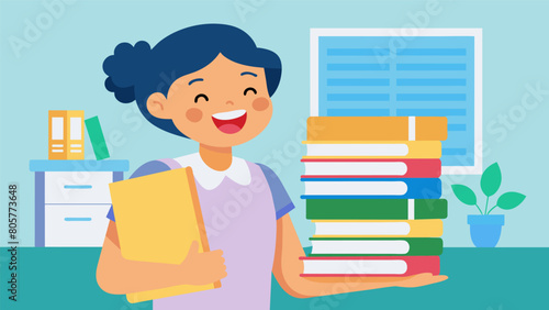 At a thrift store a teacher happily stumbled upon a stack of brand new notebooks ecstatic to add them to their students school supplies at a fraction. Vector illustration