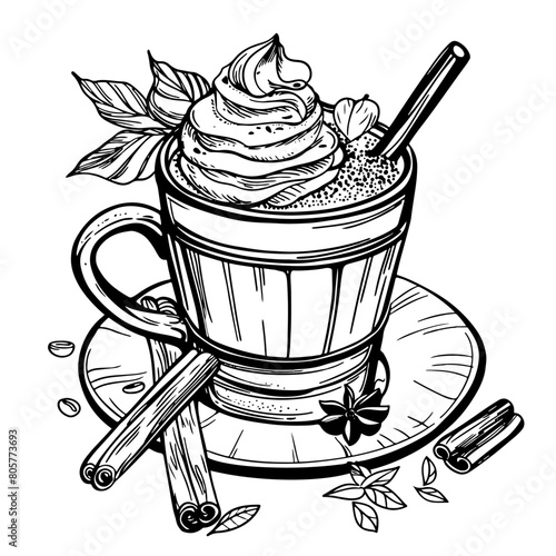 Cappuccino in a glass with milk foam, cinnamon sticks and mint leaves on a saucer. hand drawn sketch vector illustration. Linear graphic