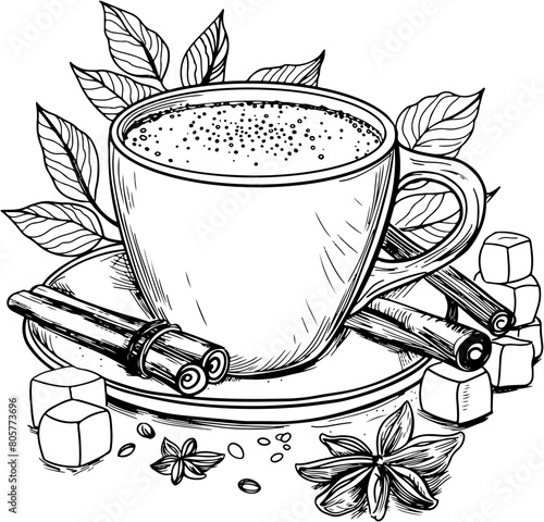 A cup of hot coffee with cinnamon sticks, sugar cubes and anise leaves. Vintage hand drawn sketch vector illustration. Linear graphic