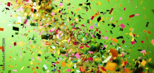 An explosion of glossy  multicolored confetti  frozen in mid-air against a bright  lime green background  capturing the essence of celebration in a pop art world. 32k  full ultra hd  high resolution