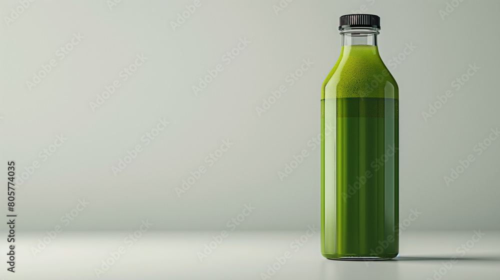 A glass bottle of green juice on the table A glass bottle of green juice on the table