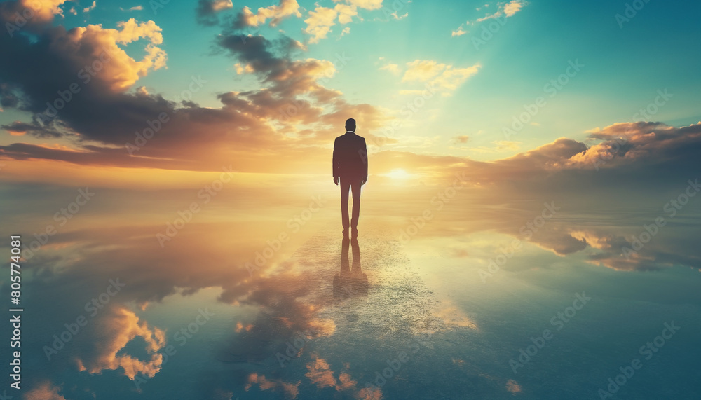 A man stands on the mirror-like surface of water A man stands on the mirror-like surface of water