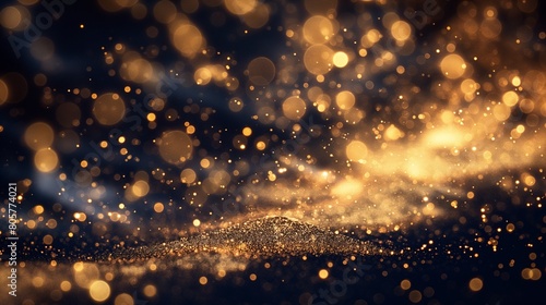An explosion of golden glitter against a dark, mysterious backdrop, the sparkles caught in mid-air, creating a luxurious and festive abstract background that exudes celebration. photo