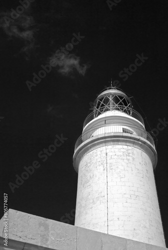 Black and white photo of the Lighthouse on Cap de Formentor (Cape of Formentor or Cabo Formentor) on the Balaeric Island of Mallorca (Majorca) off the coast of Spain
