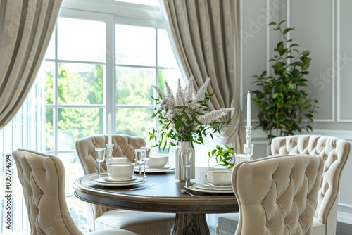 Cozy dining room interior in beige, 3d render