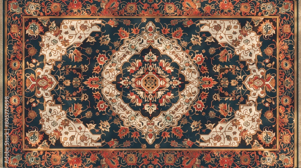 An ornate, Persian carpet pattern, its complex weaves and rich color palette of reds, blues, and golds captured in stunning detail, evoking a sense of history and luxury. 