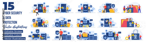 Set of flat illustrations of database protection, Cyber security, Data Center, File management, cloud storage, Privacy data protection, Internet security, information privacy