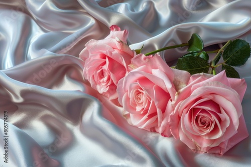 pink roses on soft silk - generative ai