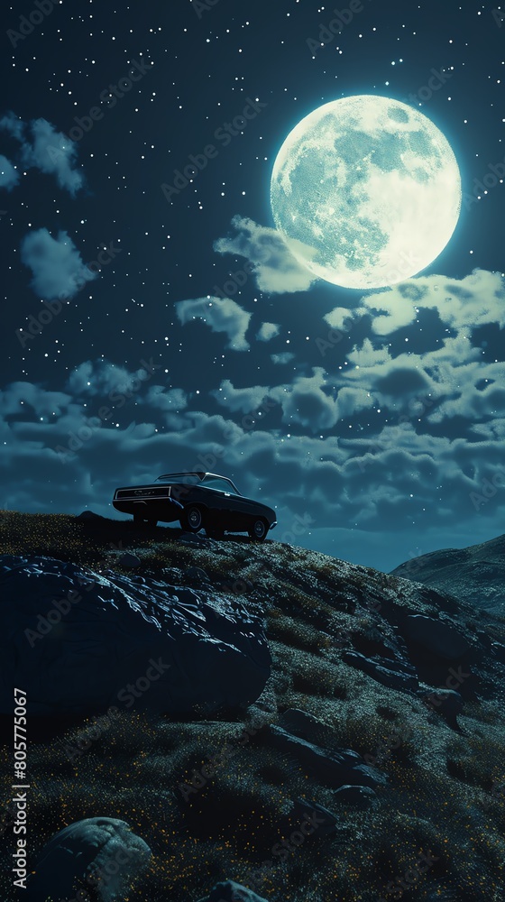 Surreal 3Drendered scene of a car on a hilltop, bathed in the light of a full moon, with stars twinkling in the background, enhancing the nocturnal ambiance