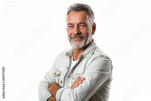 Smiling mature man posing isolated on white background photo on white isolated background © Aditya