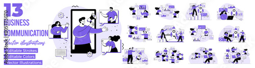Set of business communication scenes flat illustrations, Customer support, hotline, business meeting