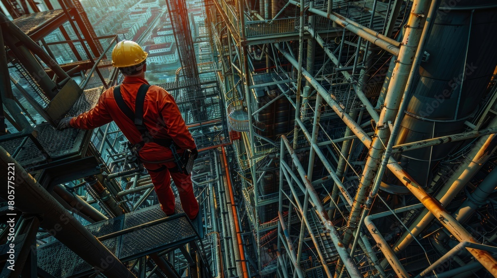 A man in workwear with a red jumpsuit, helmet, and engineering tools stands on a ladder in a building amidst the city's steel and metal structures. AIG41 hyper realistic 