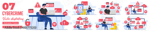 Set of flat illustrations of cybercrime, Fraud scam, Hacker steal private data on device, Online phishing, Bulgar steal, Malware, password phishing, DDOS attack, Credit card scam 