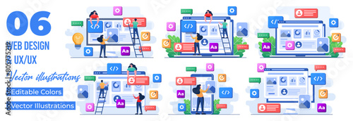 Set of flat illustrations of Web design, developers build website User interface front view, UI UX, Software development, Web design, Application design, Coding, Web development
