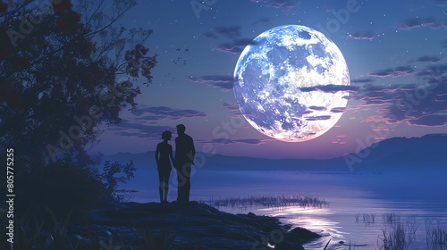 Digital artwork of a young couple holding hands, silhouetted against a luminous full moon in a serene, 3Drendered night setting
