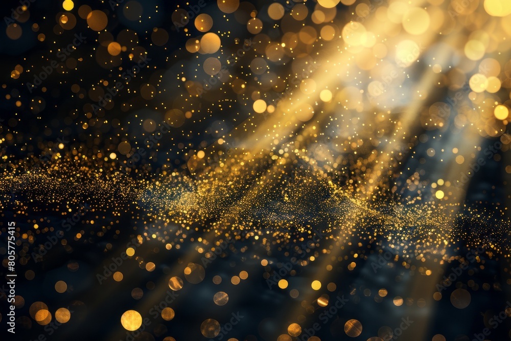 Gold particles on a black background. Shiny falling golden dust and bokeh lights in the style of golden glitter Gold particles on a black background. Shiny falling golden dust and bokeh lights in the style of golden glitter