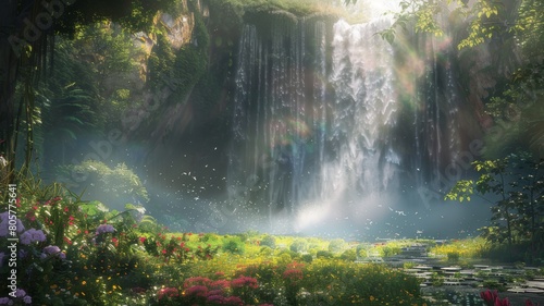 Immerse yourself in the beauty of a majestic waterfall surrounded by lush greenery and vibrant wildflowers. 