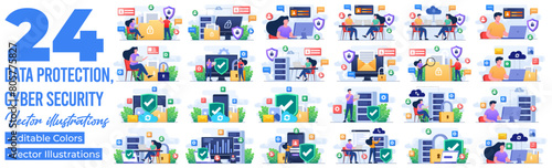 Set of flat illustrations of database protection, Cyber security, Data Center, File management, cloud storage, Privacy data protection, Internet security, information privacy