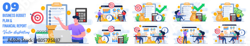 Set of flat illustrations of business budget plan, Financial report, Strategy, Marketing, Accounting, Finance analysis, Business analysis, Market research, Investment, market analytics