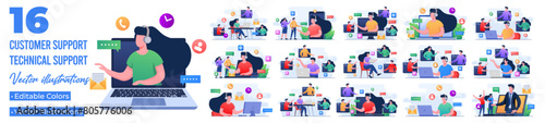 Set of flat illustrations of online customer support, Helping to solve problems, Technical support, telemarketing operator, Assistance, Remote consultant, Advice clients 