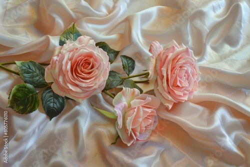 pink roses on soft silk - generative ai