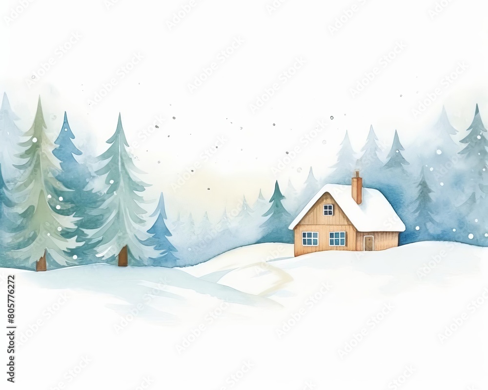 winter snowscape with a cozy cabin