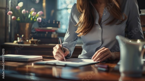 Business woman writing note on notepad on office table. hyper realistic 