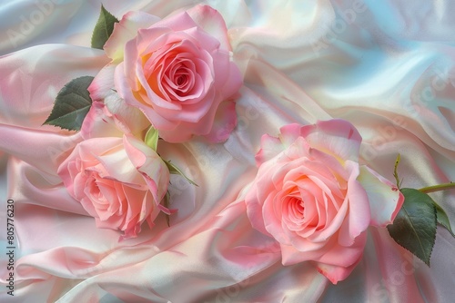 pink roses on soft silk - generative ai