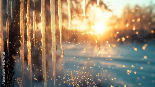 Frost melting on a window pane, water droplets trailing down in straight lines, set against the backdrop of a bright, crisp winter morning sky, signifying the warmth of the sun despite the cold.  photo