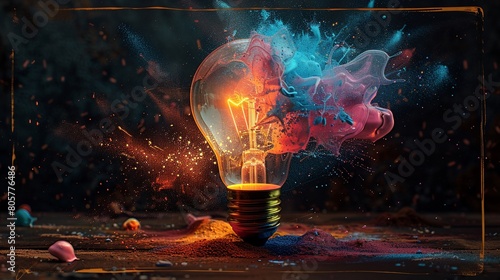 The think of differently concept of light bulb, colorful, AI, painting.