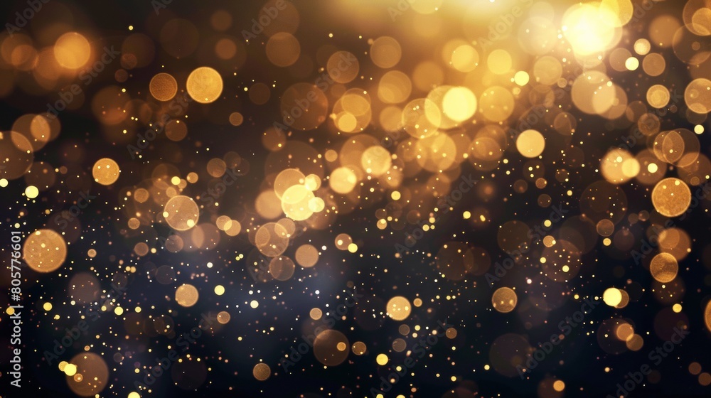 A background of golden lights, glittering like stars in the night sky, floating and dancing on black. The dark background has soft lighting creating bokeh effects that enhance its luxurious feel.