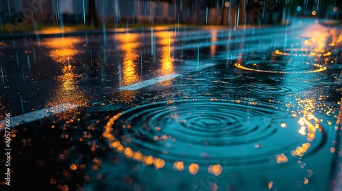 Rainfall on a quiet city street at night  the streetlights reflecting in the water puddles  creating a network of glowing lines and circles against the dark asphalt. 