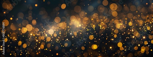 A background of golden lights, glittering like stars in the night sky, floating and dancing on black. The dark background has soft lighting creating bokeh effects that enhance its luxurious feel. photo