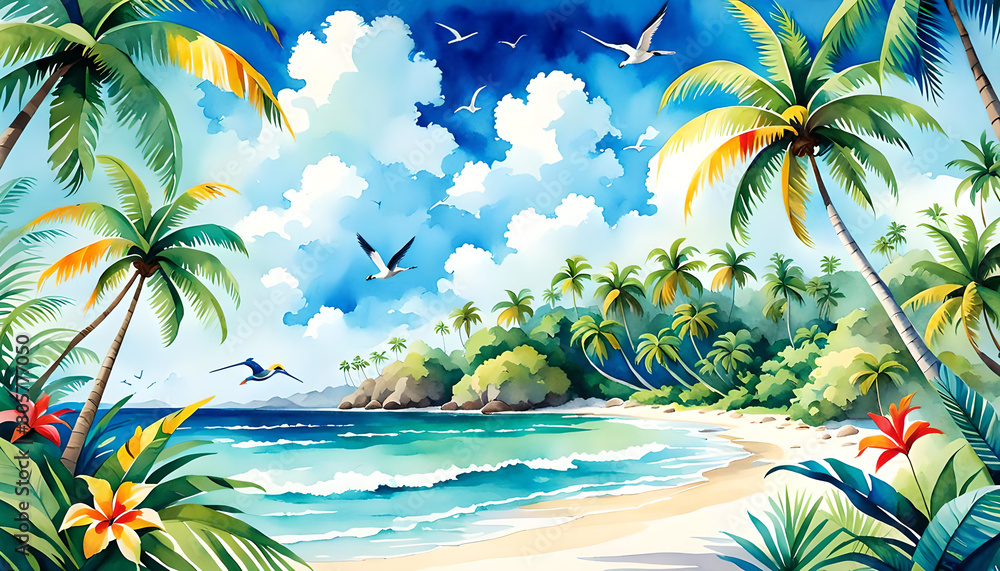 Lush Watercolor Tropical Scene