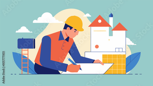 An architect sketching out plans for a building representing the importance of intentional and thoughtful construction in shaping ones character.. Vector illustration