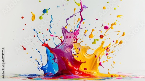 Splashes of vibrant paint colliding in mid-air, their dynamic interaction captured in a moment of creative explosion against a stark, pure white background.