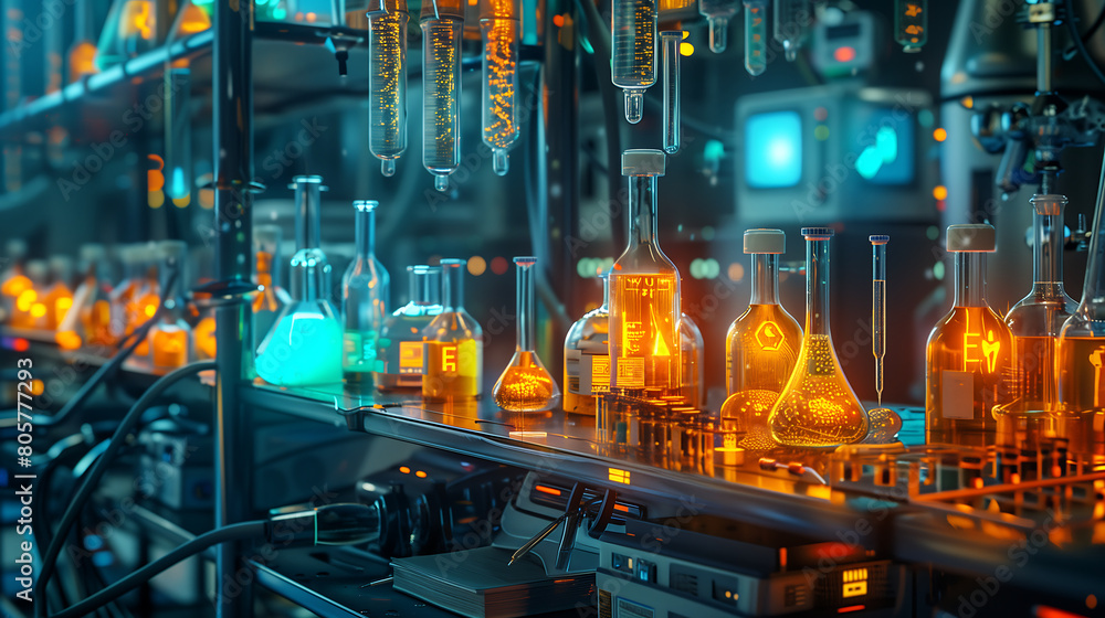  A futuristic laboratory with glowing vials and high-tech equipment, a yellow light and orange color scheme in the style of sci-fi concept