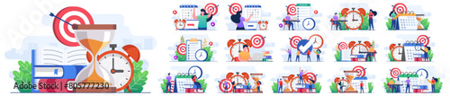 Set of flat illustrations of business time management, Project management, Productivity, Time planning, Exam deadline, Planner