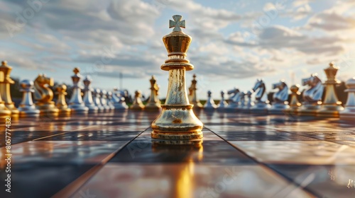 King golden chess standing confront of the silver chess team to challenge concepts of leadership and business strategy management and leadership hyper realistic 