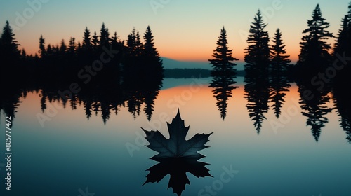 The silhouette of a leaf floating on a still pond  the water around it smooth and undisturbed  creating a perfect reflection of the surrounding trees against a dusk-lit sky.