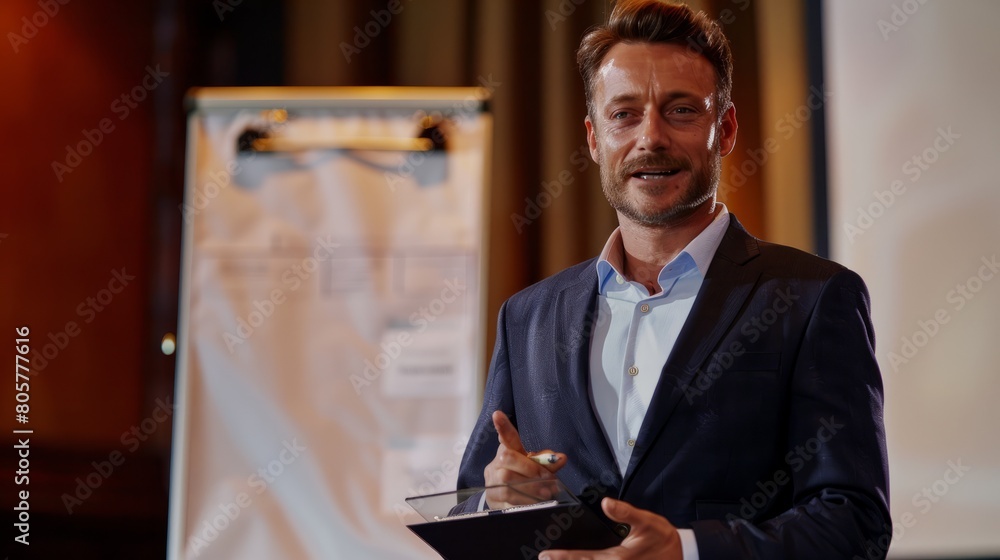 Fototapeta premium Male business coach speaker in suit give flipchart presentation hyper realistic 