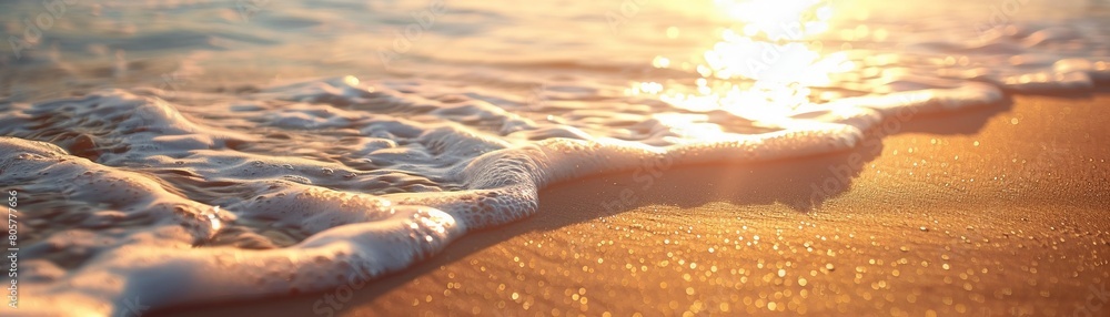 Gentle waves lapping a sandy on the beach, sunset, realistic Gentle waves lapping a sandy on the beach, sunset, realistic