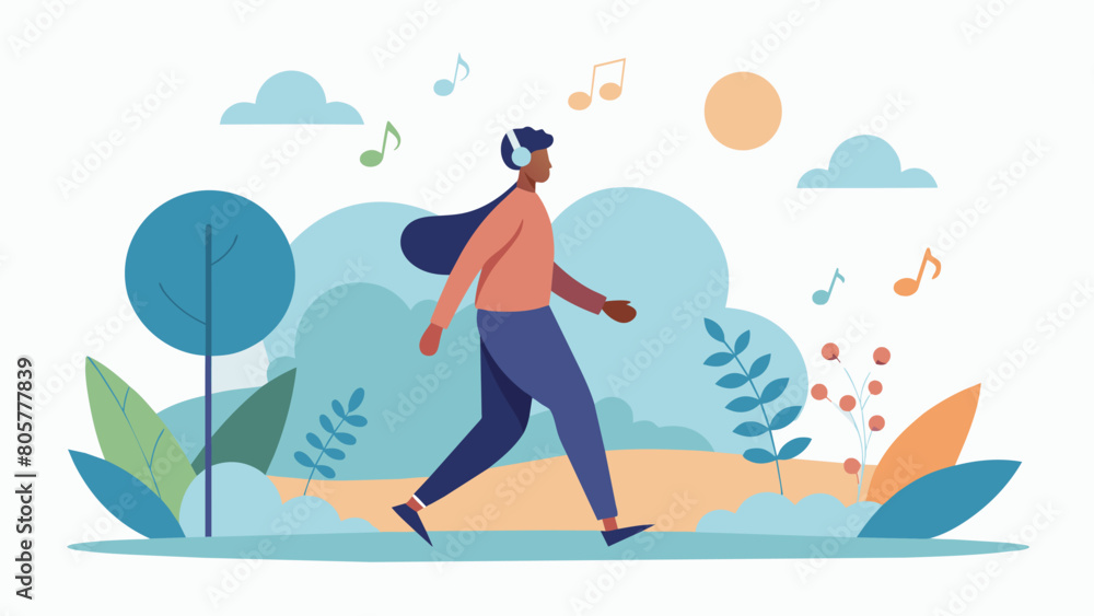 A mindful walk with a soundtrack of calming music to encourage participants to connect with their surroundings and reduce stress.. Vector illustration