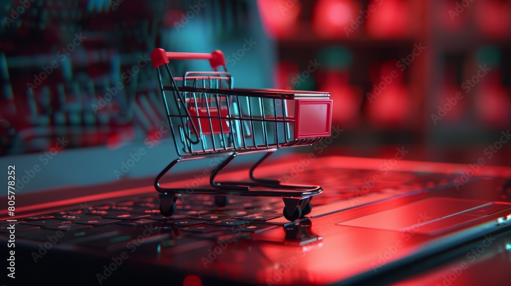 Online shopping concept with miniature shopping cart standing in front of laptop, Generative AI Illustration hyper realistic 